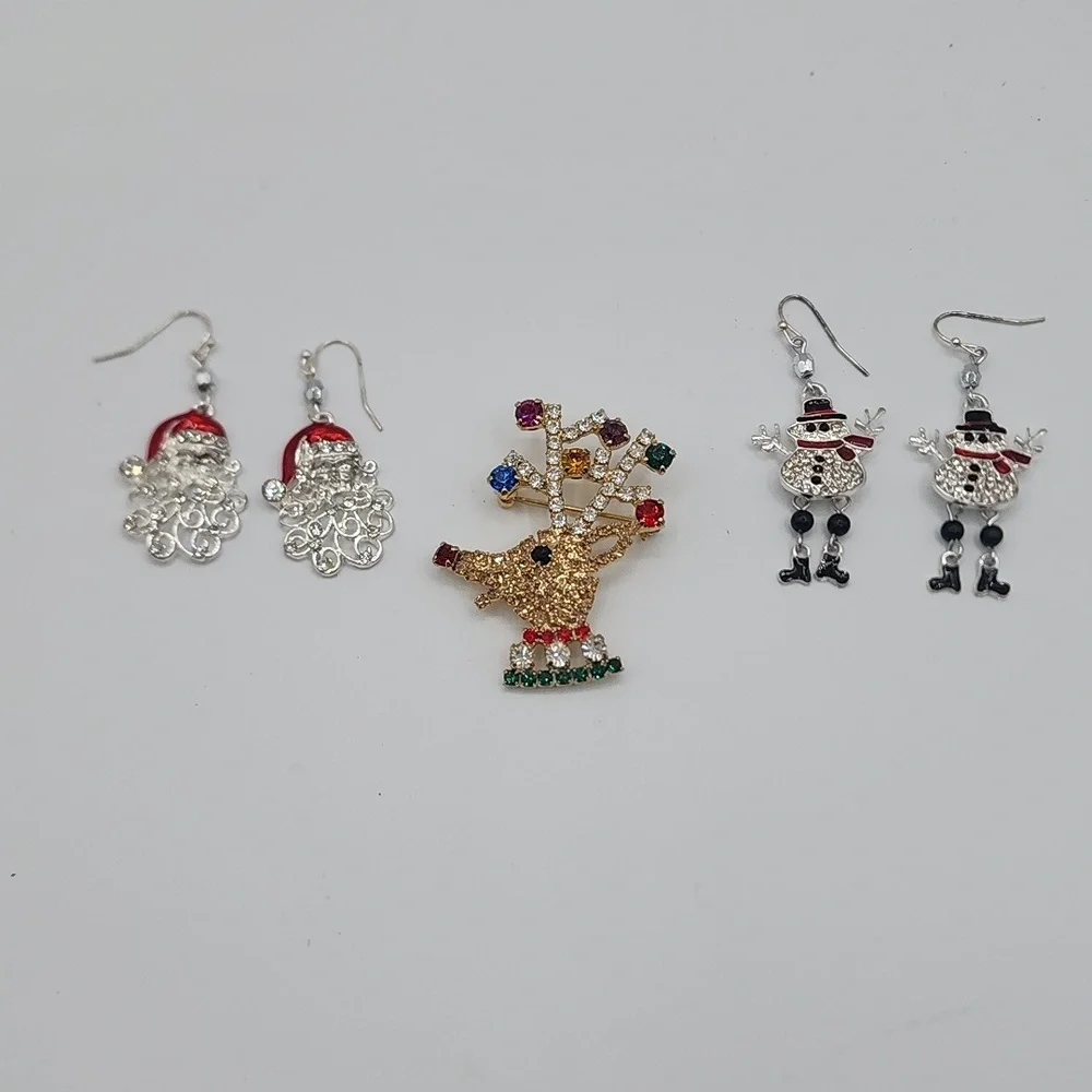Holiday Bundle with Snowmen and Santa Earrings, Plus Sparkle Reindeer Brooch